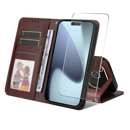 ENKAY HAT PRINCE For iPhone 17 Pro Max Wallet Case Calf Texture Leather Phone Stand Cover with Thick Adhesive Screen Film  /  Strap