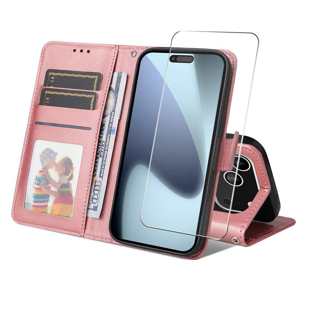 ENKAY HAT PRINCE For iPhone 17 Pro Max Wallet Case Calf Texture Leather Phone Stand Cover with Thick Adhesive Screen Film  /  Strap