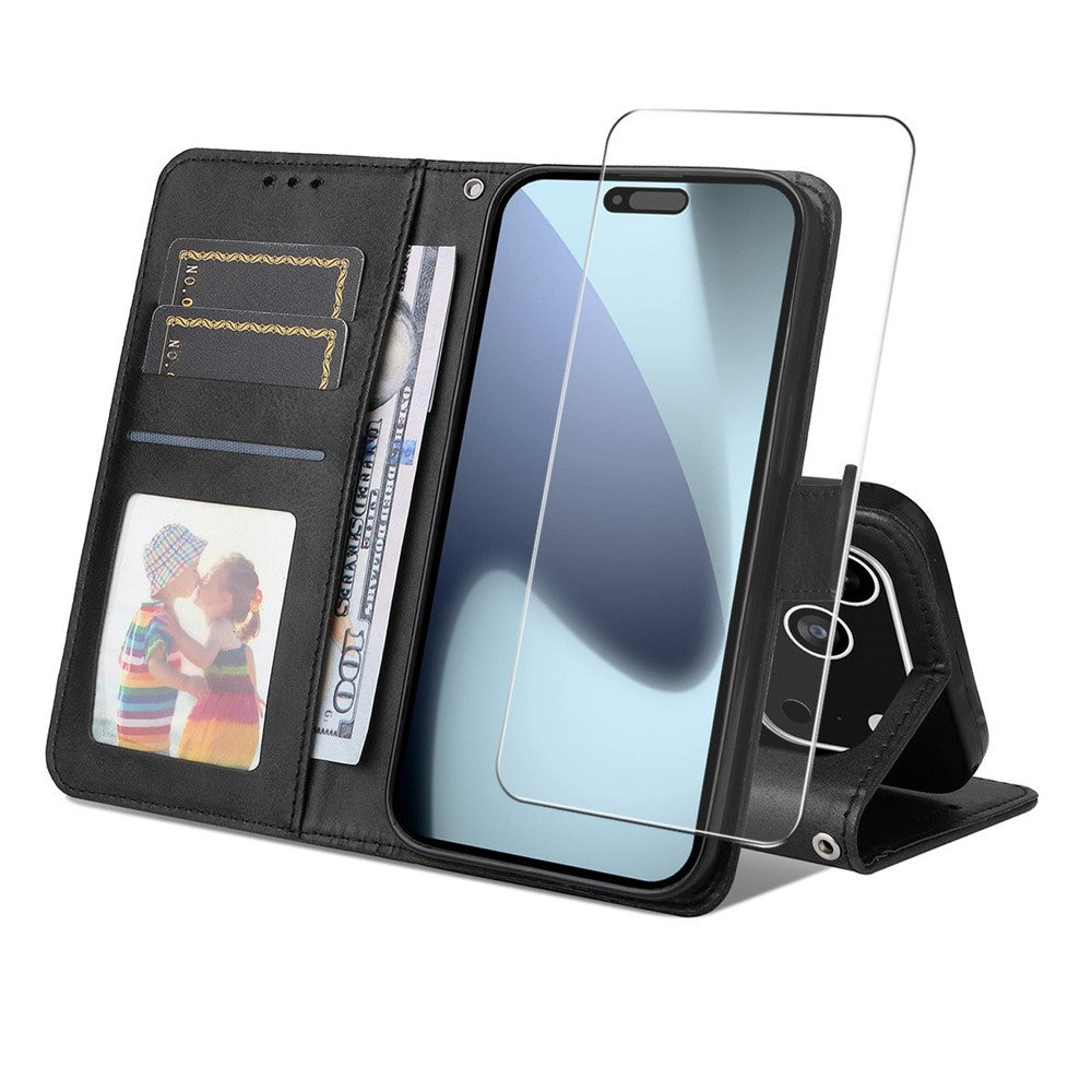 ENKAY HAT PRINCE For iPhone 17 Pro Max Wallet Case Calf Texture Leather Phone Stand Cover with Thick Adhesive Screen Film  /  Strap