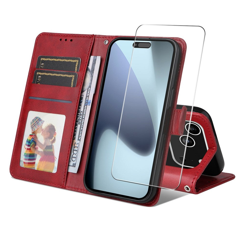 ENKAY HAT PRINCE For iPhone 17 Pro Max Wallet Case Calf Texture Leather Phone Stand Cover with Thick Adhesive Screen Film  /  Strap