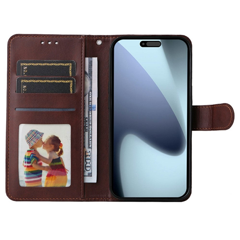 ENKAY HAT PRINCE For iPhone 17 Pro Max Wallet Case Calf Texture Leather Phone Stand Cover with Thick Adhesive Screen Film  /  Strap