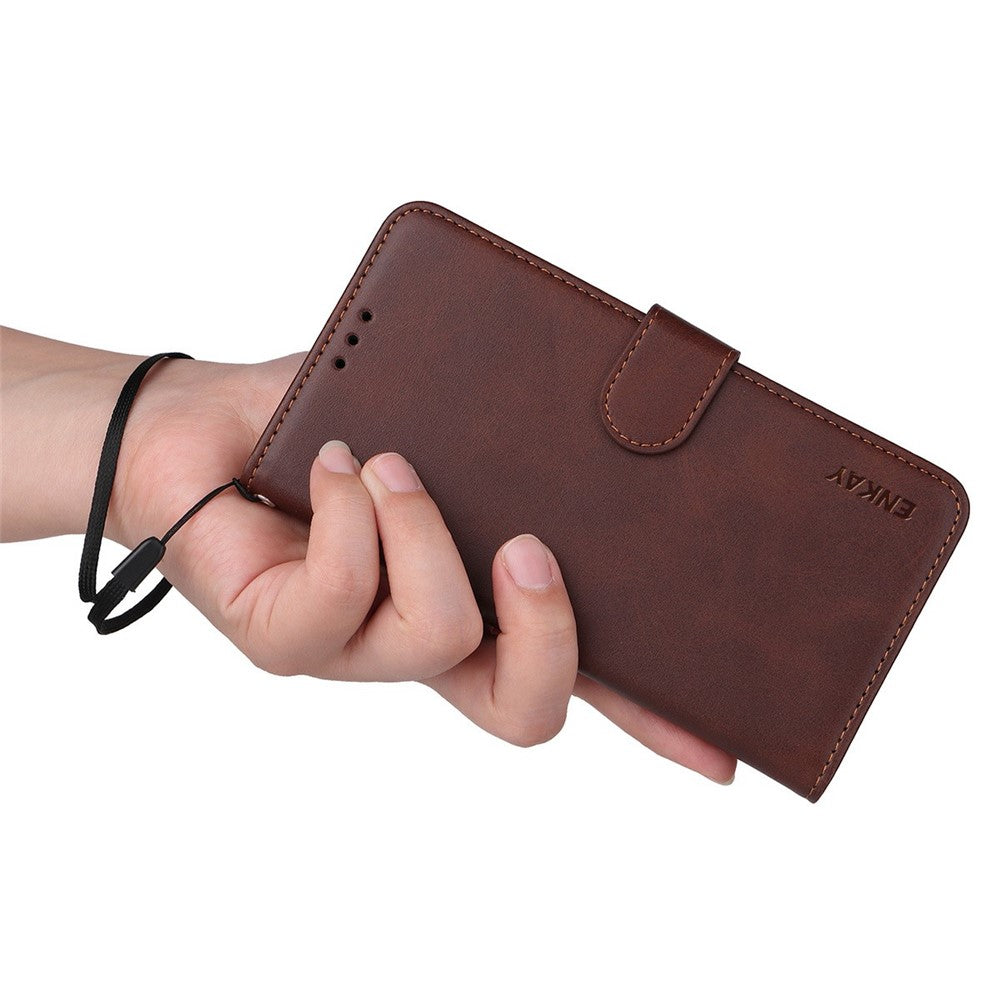 ENKAY HAT PRINCE For iPhone 17 Pro Max Wallet Case Calf Texture Leather Phone Stand Cover with Thick Adhesive Screen Film  /  Strap