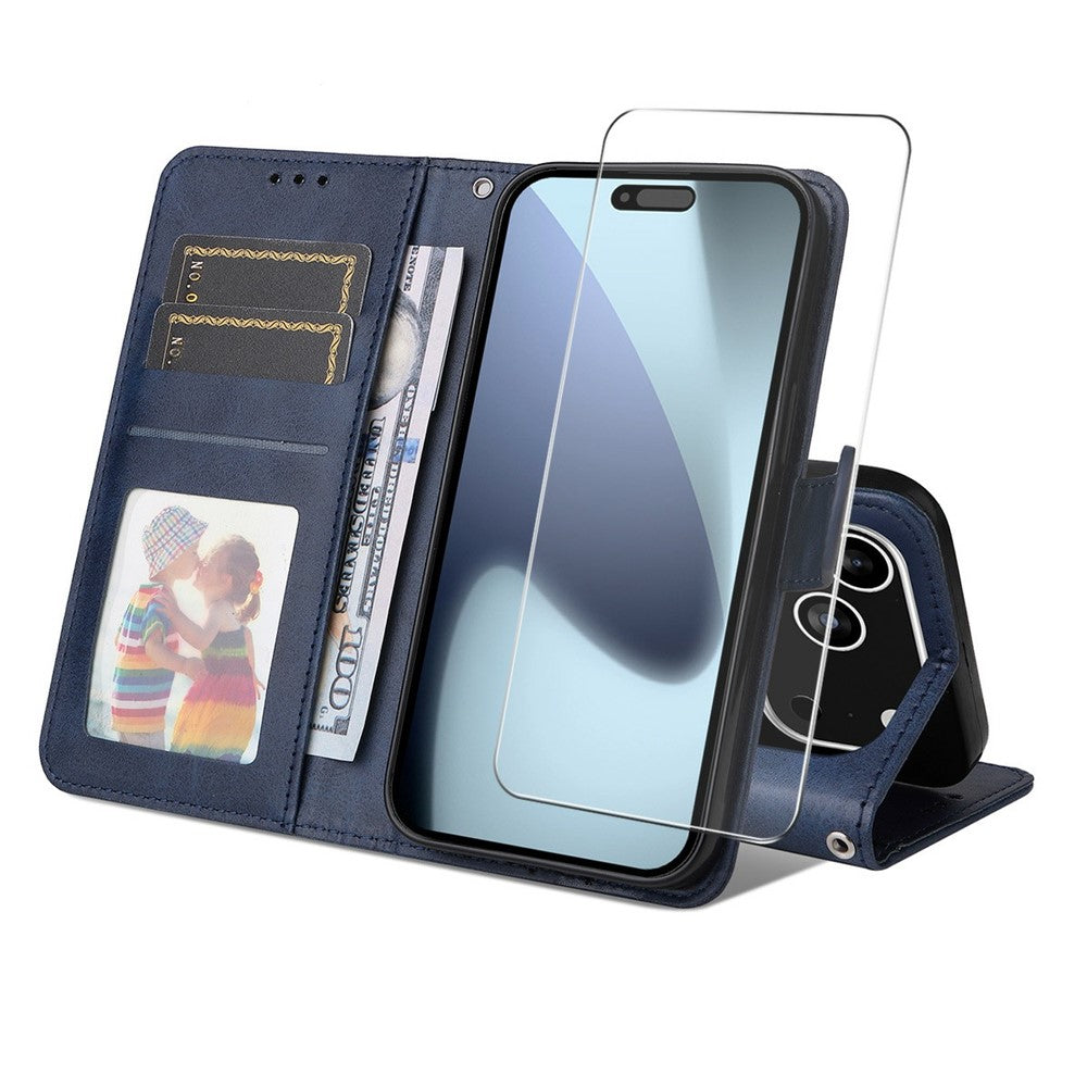 ENKAY HAT PRINCE For iPhone 17 Pro Max Wallet Case Calf Texture Leather Phone Stand Cover with Thick Adhesive Screen Film  /  Strap